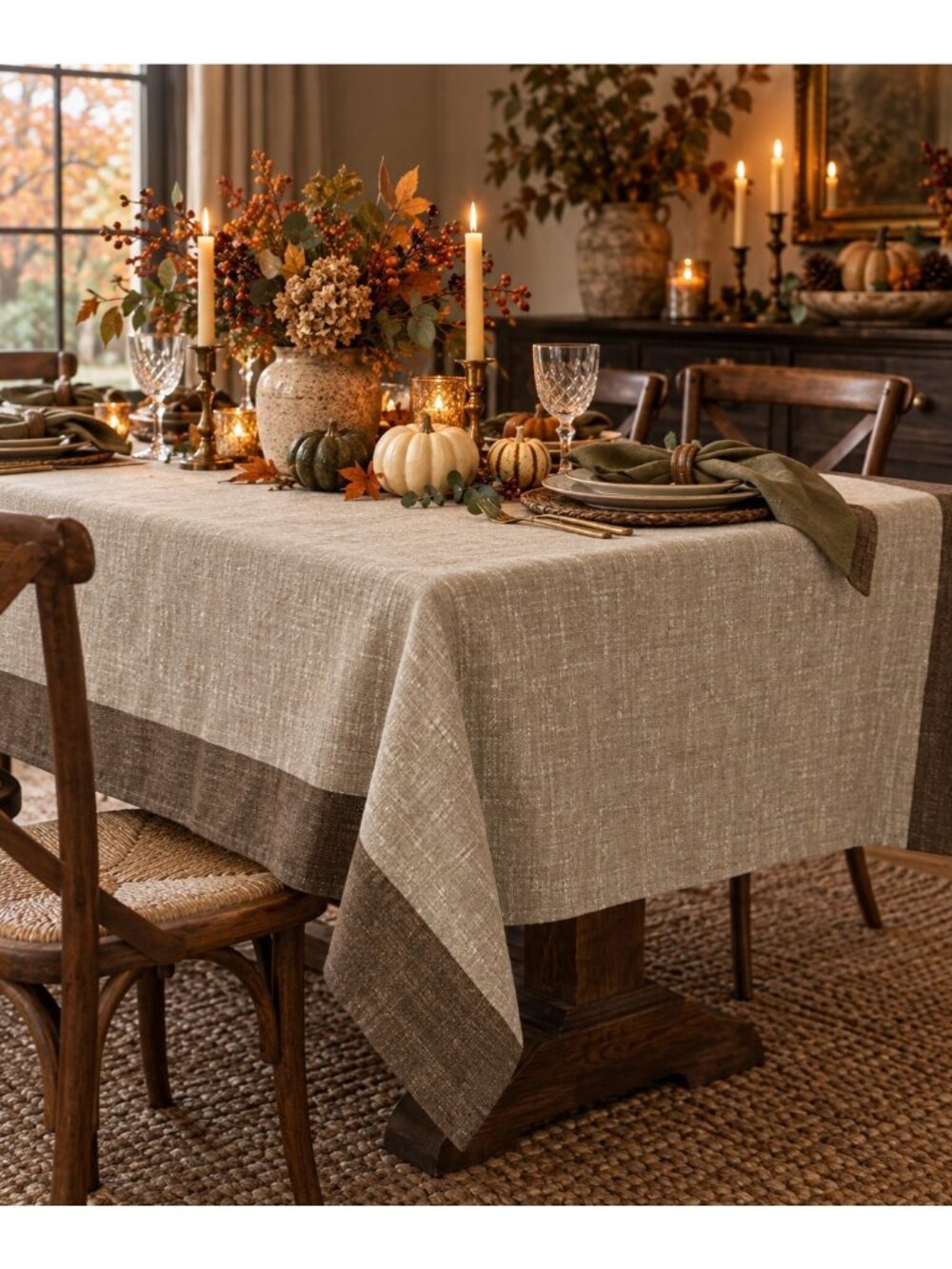 Linen Look Tablecloth 58x84 Natural Flax Brown Border Rustic European Farmhouse